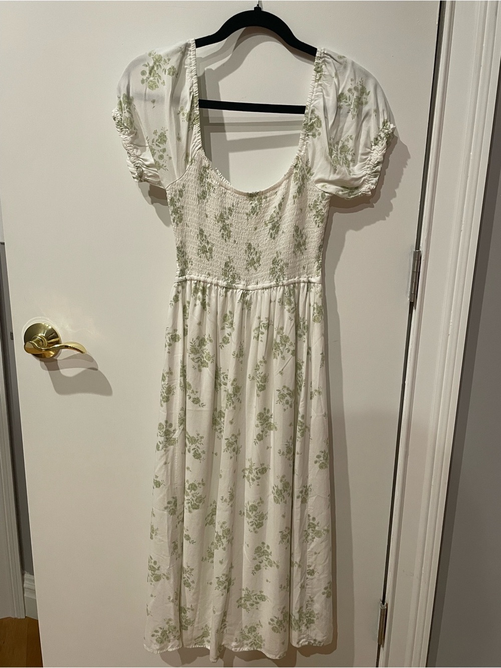 Hollister White Midi Dress with Light Green Floral Print